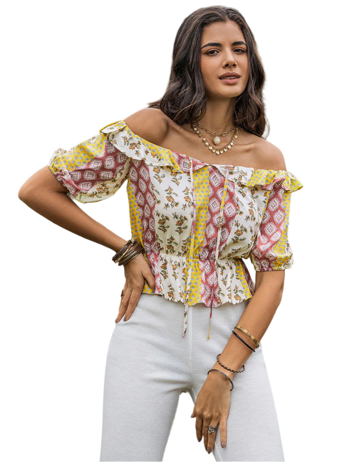 Ruffled Printed Off-Shoulder Short Sleeve Blouse