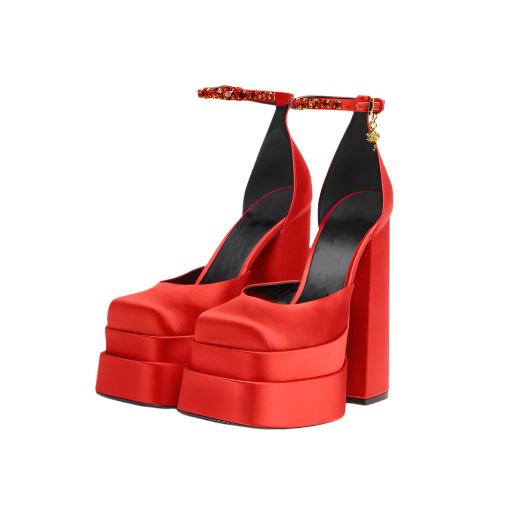 Satin Square Toe Rhinestone with Sheepskin Platform Heels
