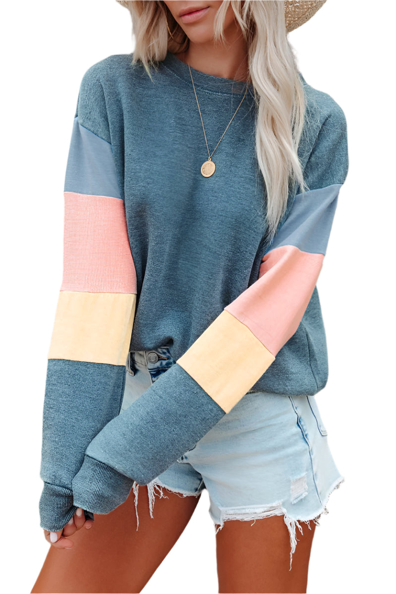 Color Block Round Neck Long Sleeve Sweatshirt