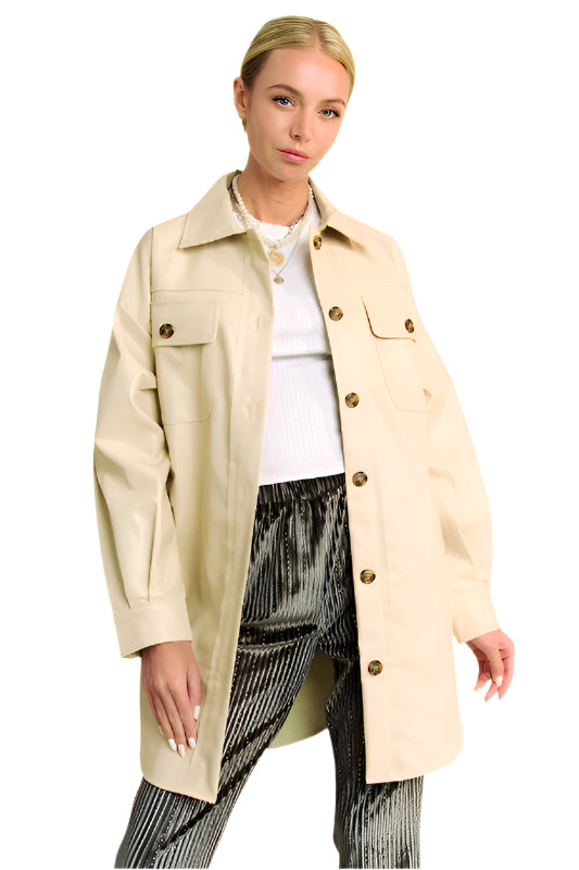 Davi & Dani Faux Leather Button Up Jacket with Chest Pockets