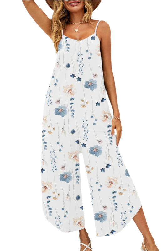 Shiny Printed Scoop Neck Wide Leg Jumpsuit