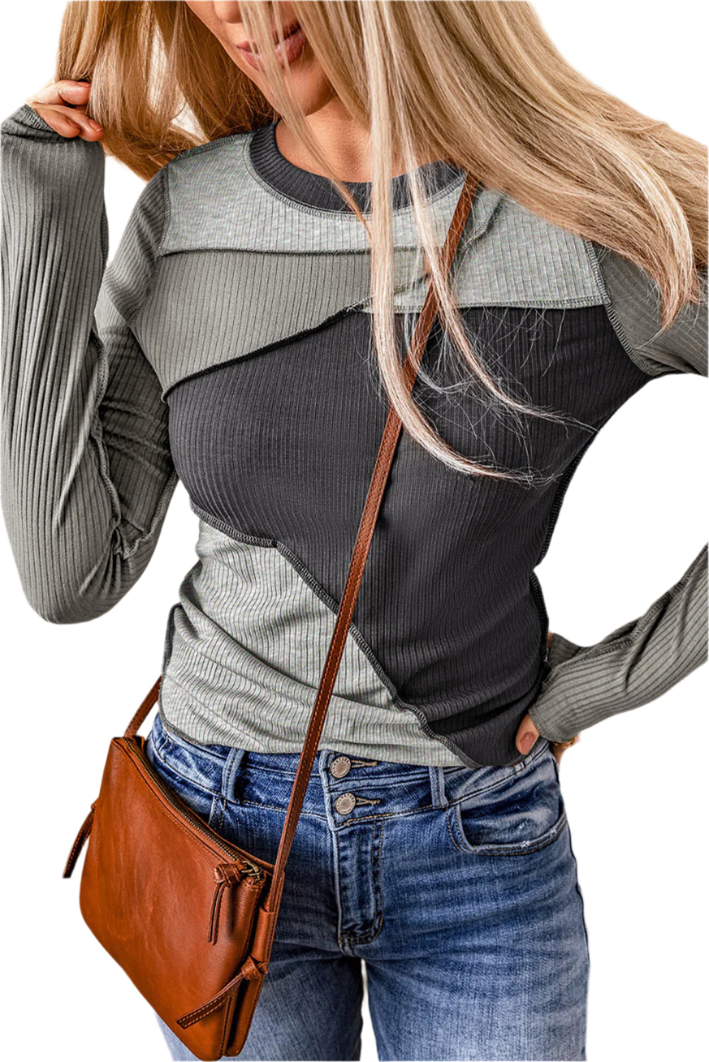 Exposed Seam Contrast Round Neck Long Sleeve T-Shirt