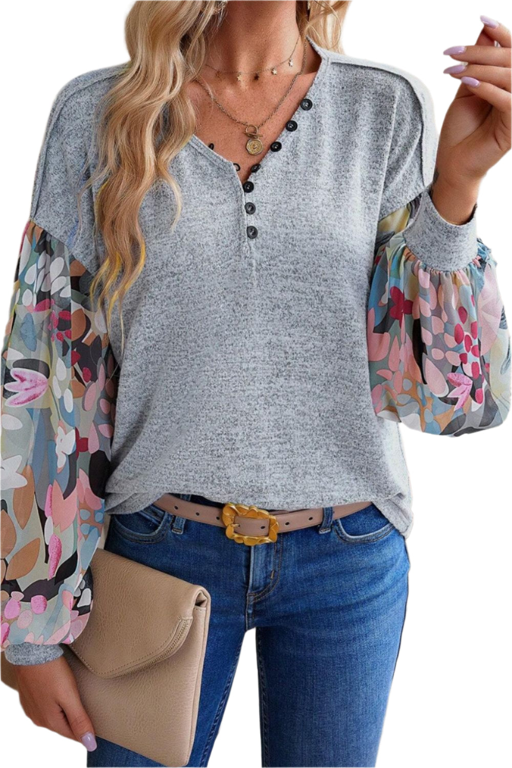 Printed Lantern Sleeve Buttoned V Neck Top