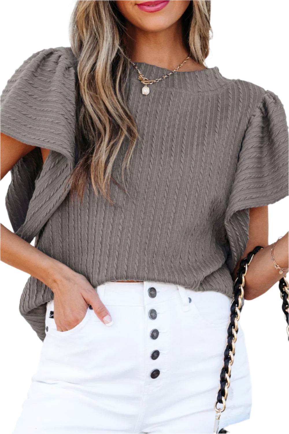 Textured Round Neck Flounce Sleeve Blouse