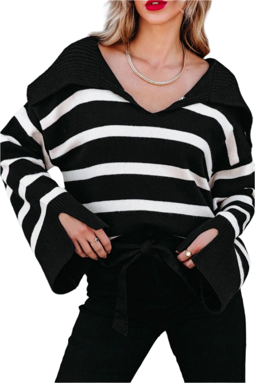 Striped Johnny Collar Long Sleeve Sweater