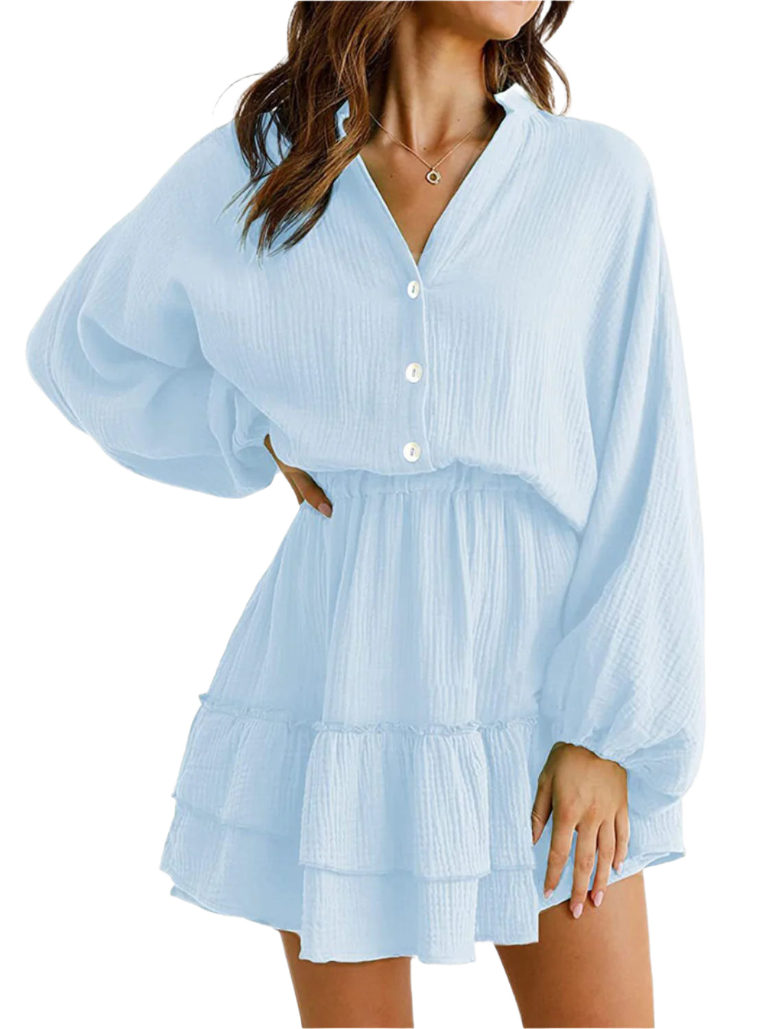Ruffled Notched Balloon Sleeve Mini Dress