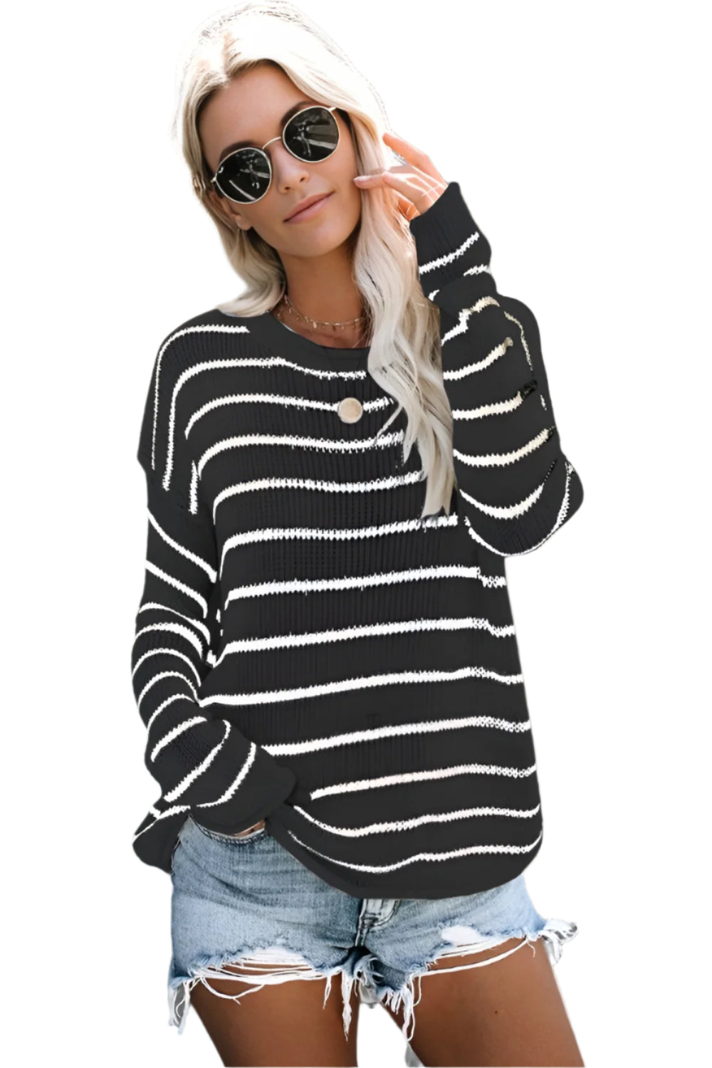 Striped Round Neck Drop Shoulder Sweater