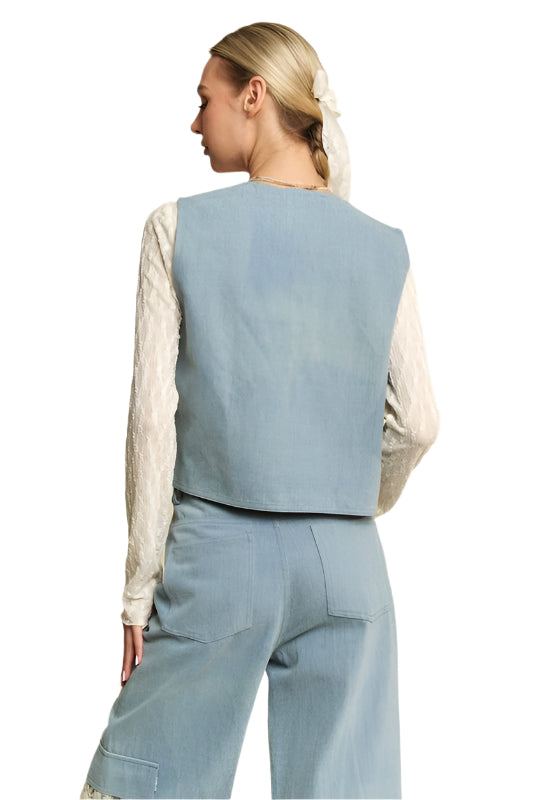 Davi & Dani Lace Patch Open Front Denim Vest