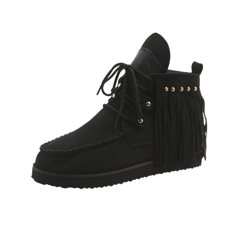 Fringe Studded Round Toe Canvas Boots