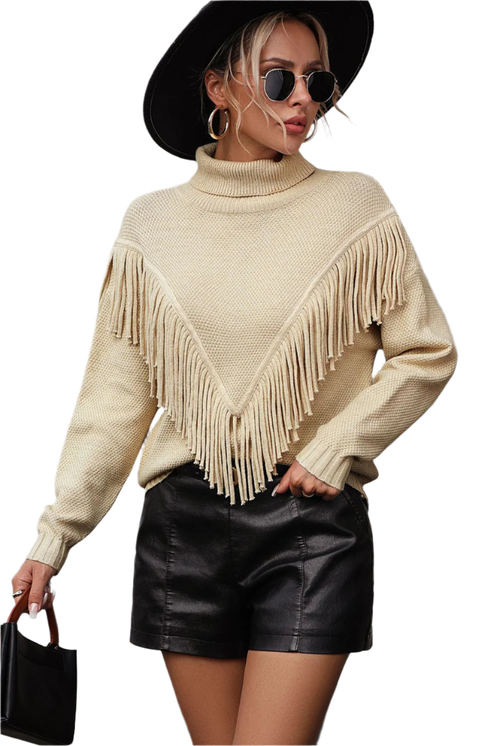 Turtle Neck Tassel Front Long Sleeve Pullover Sweater