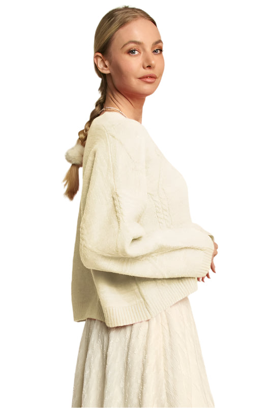 Davi & Dani Diamond Cable Pattern Drop Shoulder Sweater