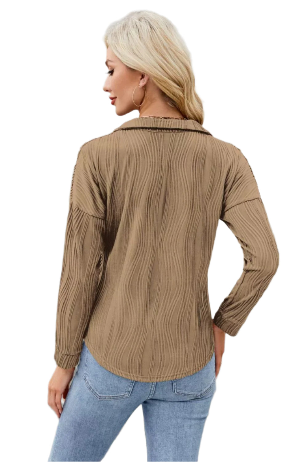 Texture Collared Neck Long Sleeve Blouse
