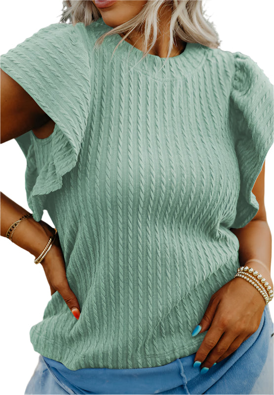 Textured Round Neck Flounce Sleeve Blouse