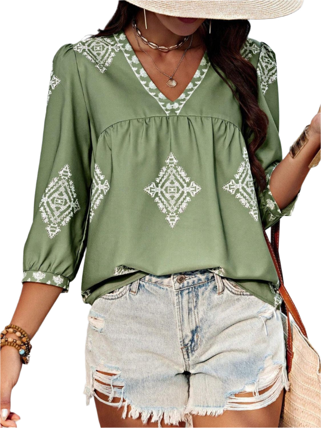 Printed V-Neck Three-Quarter Sleeve Blouse