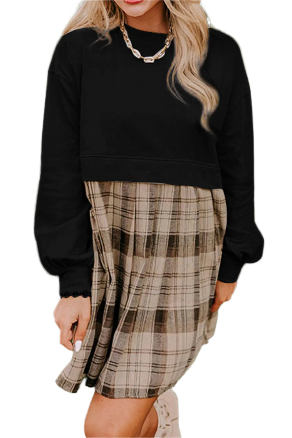 Plaid Round Neck Long Sleeve Mini Dress