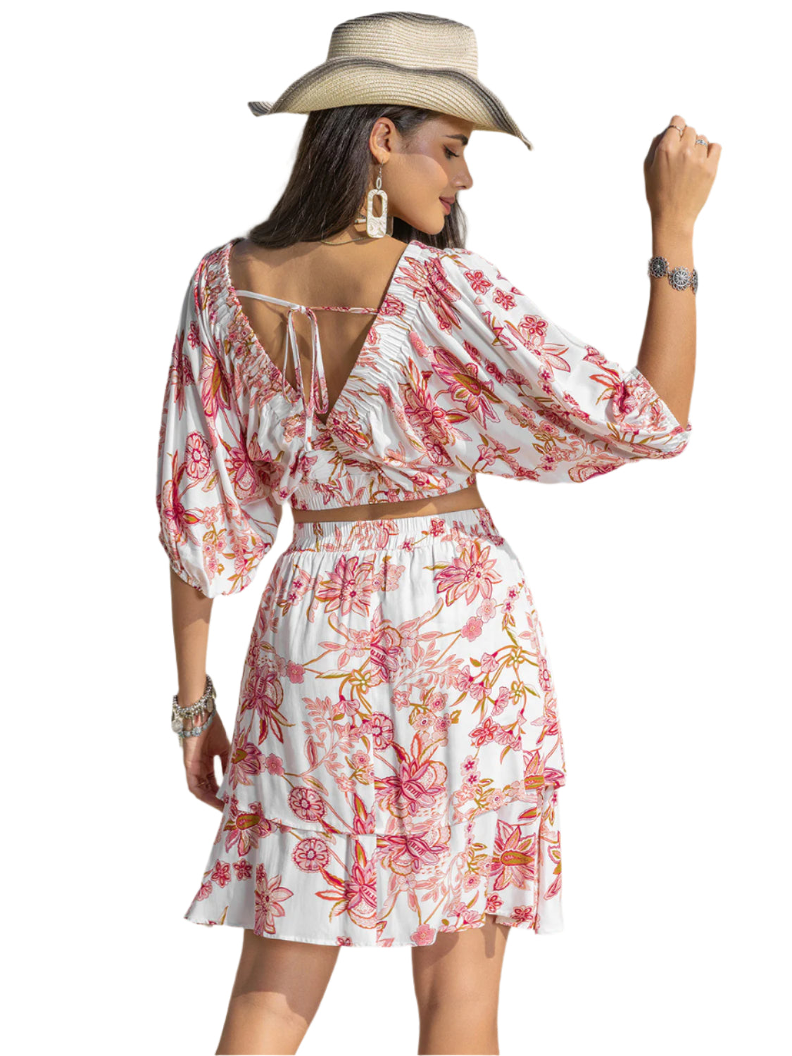 Printed Half Sleeve Top and Layered Skirt Set