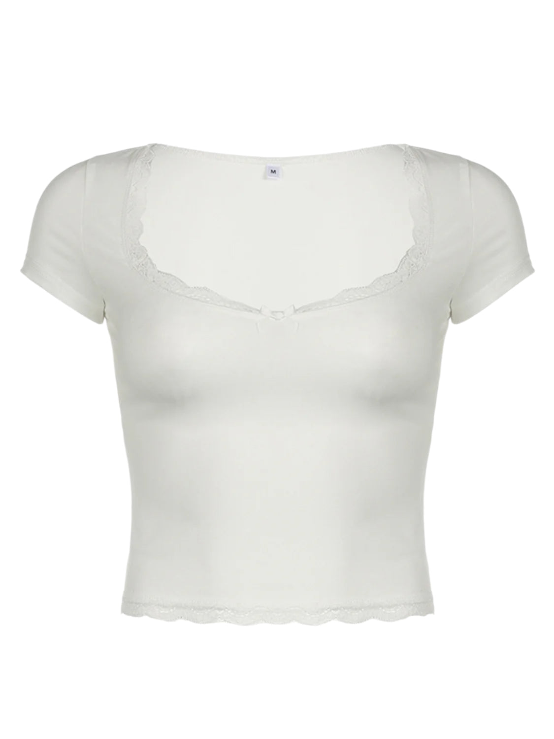 Lace Detail Sweetheart Neck Short Sleeve T-Shirt