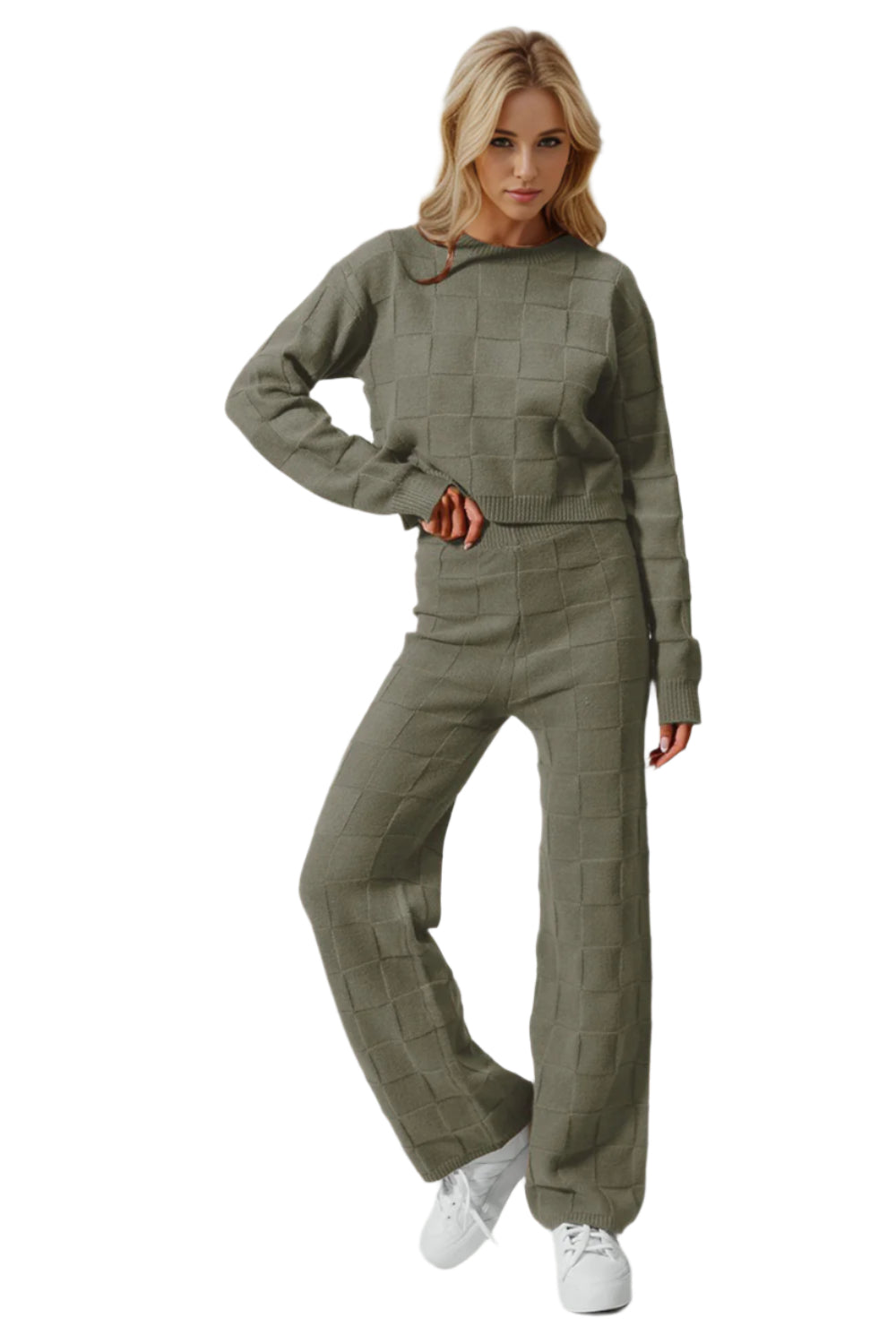 Double Take Full Size Checkered Round Neck Top and Pants Set