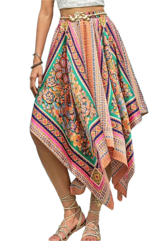 Printed High Waist Handkerchief Hem Skirt