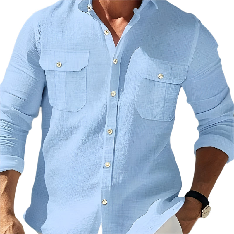 Men's Cotton and Linen Blue Collard Button Down Shirt