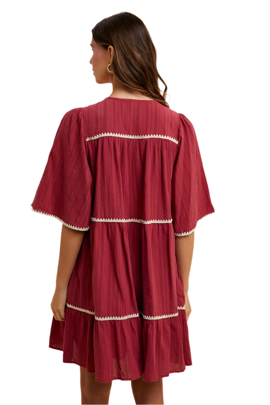 Annie Wear Tassel Contrast Trim Tie Neck Half Sleeve Tiered Dress