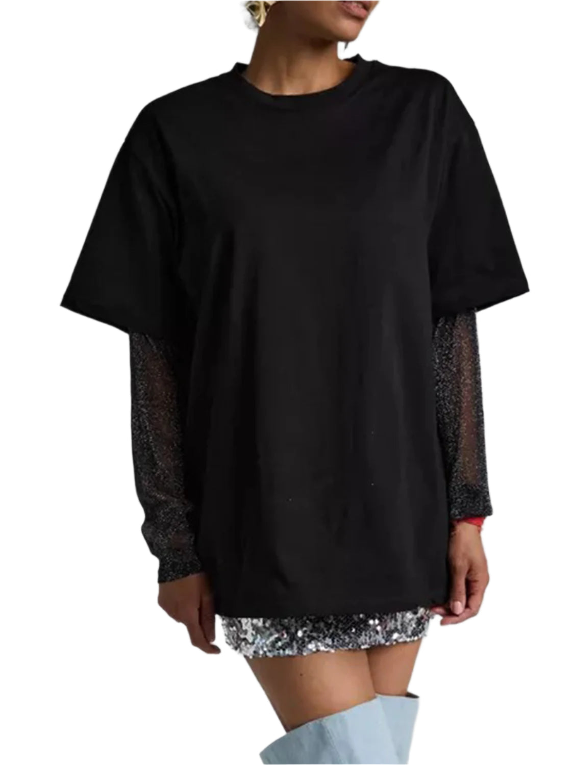 Faux Layered Round Neck Mesh Sleeve Top