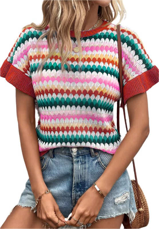 Contrast Round Neck Short Sleeve Sweater