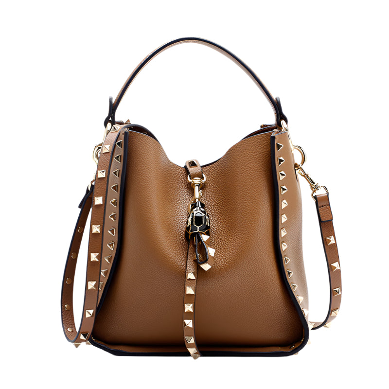 Soft Cowhide Leather Studded Bucket Style Handbag