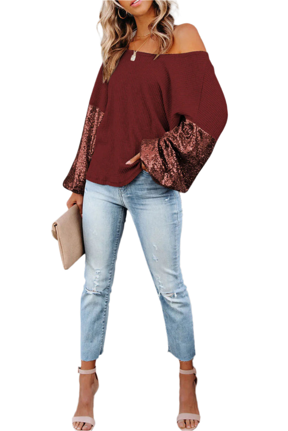 Sequin Waffle-Knit Blouse