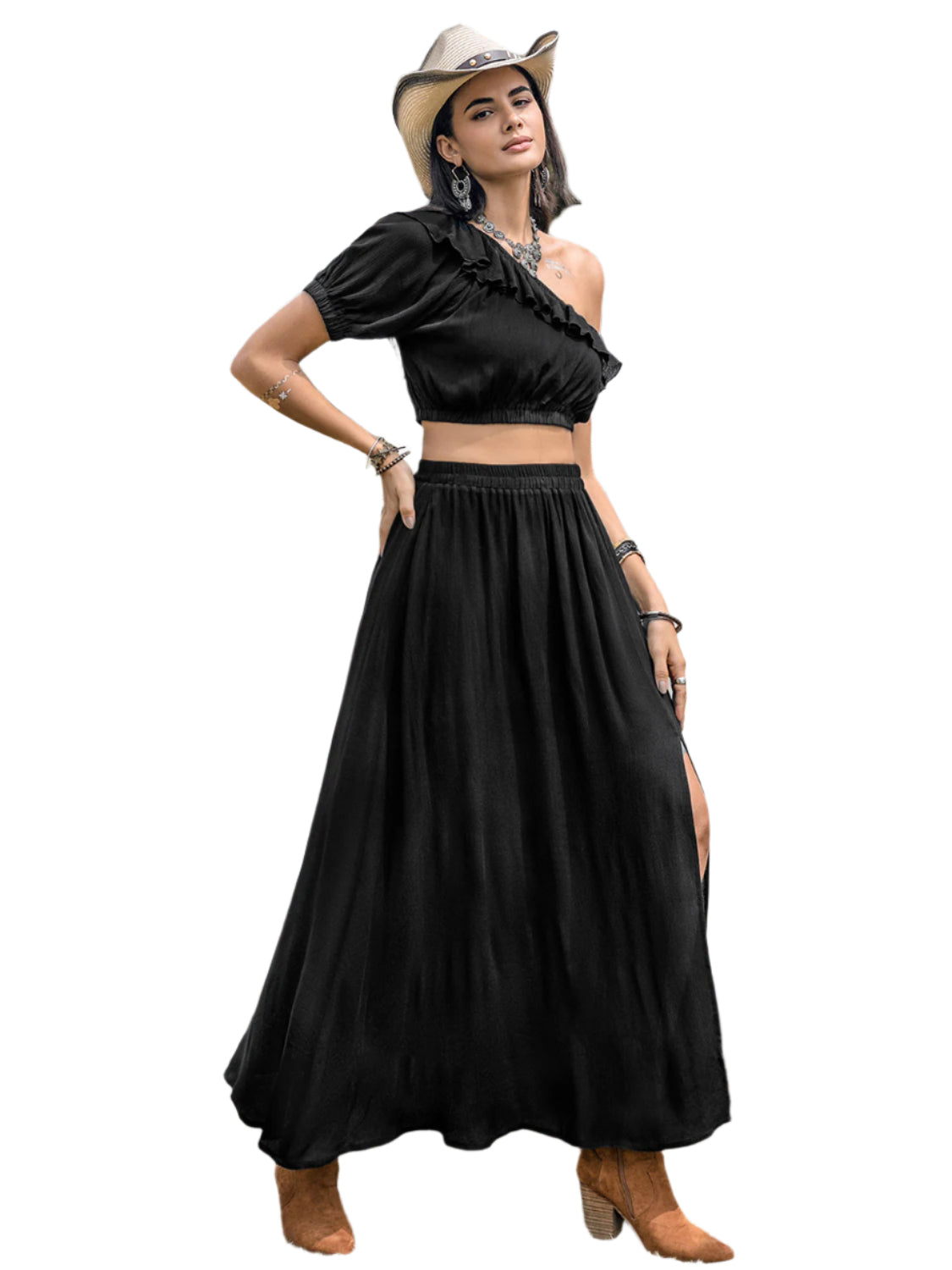 Ruffled Single Shoulder Top and Slit Skirt Set