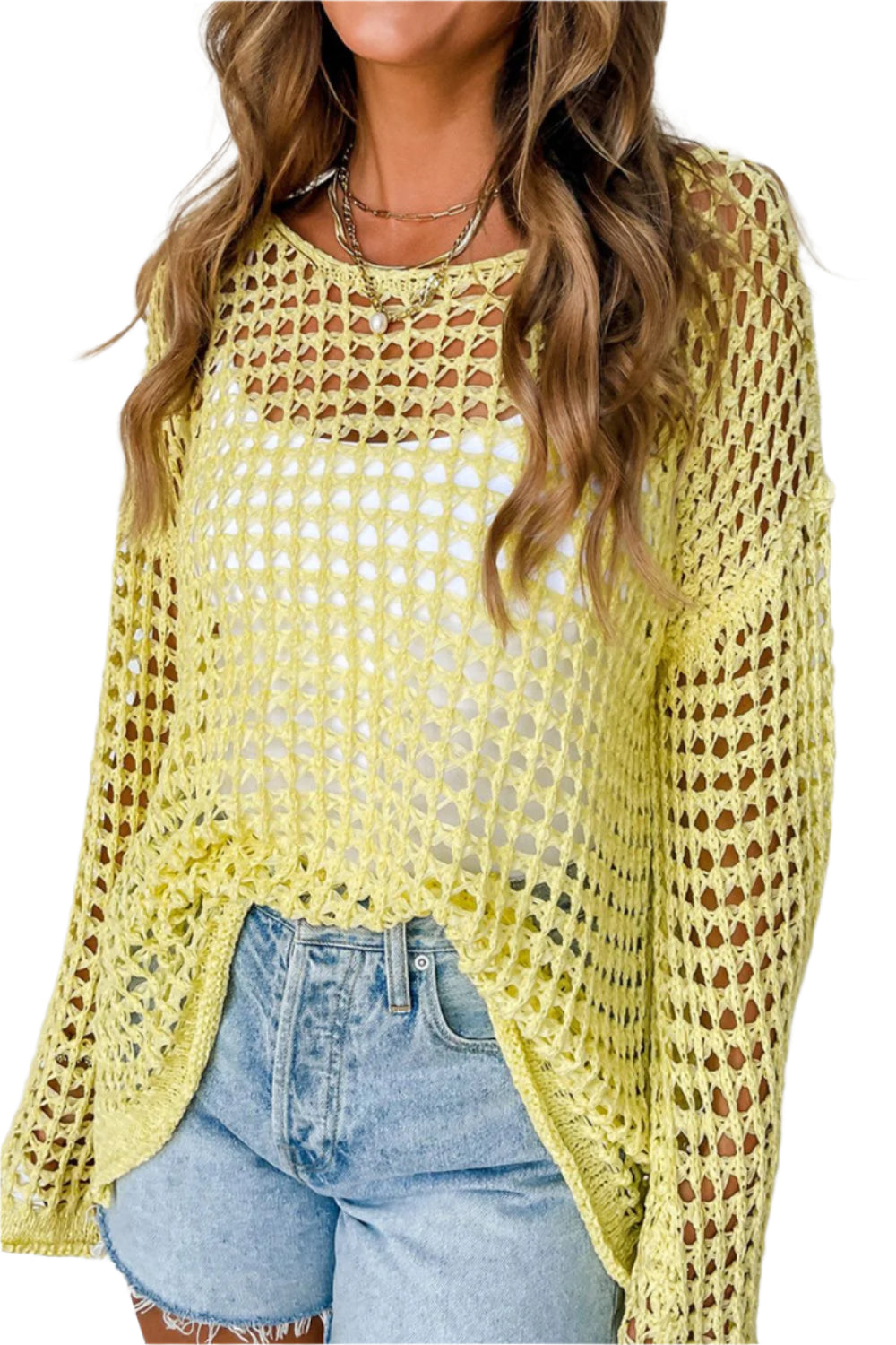 Openwork Round Neck Dropped Shoulder Knit Cover Up