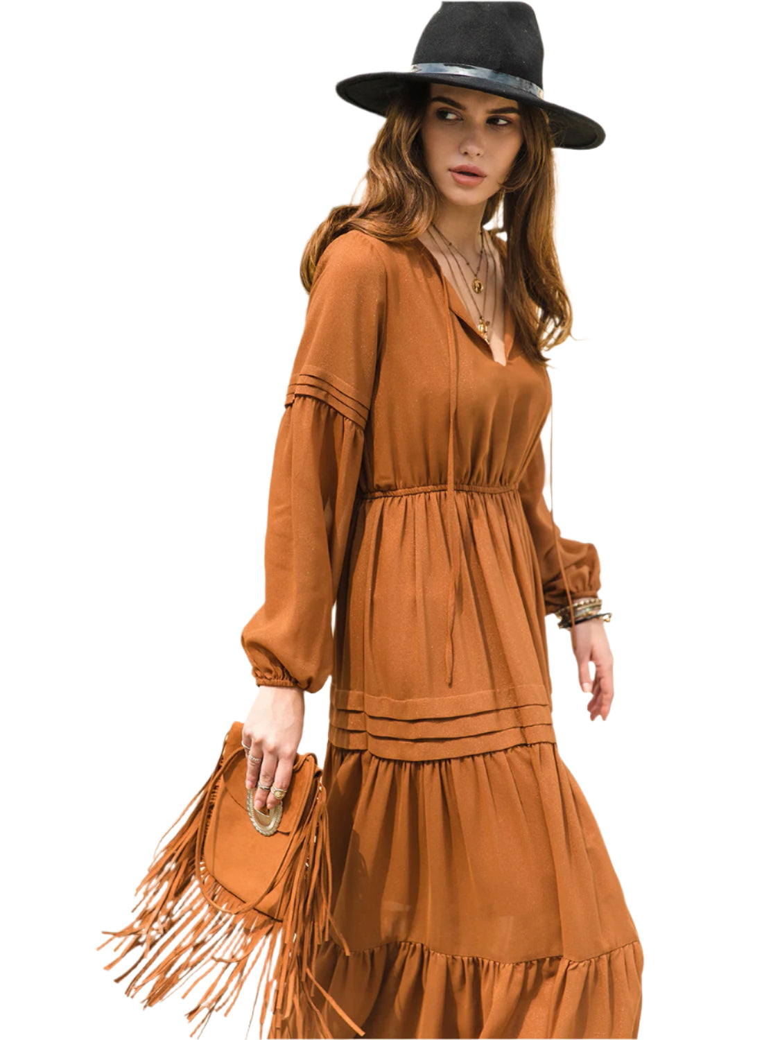 Tie Neck Long Sleeve Midi Tiered Dress