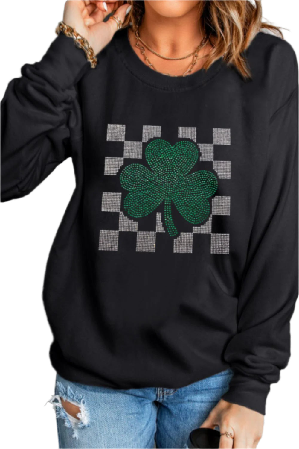 Rhinestone Checkered Lucky Clover Round Neck Sweatshirt