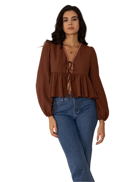 Peplum Tied V-Neck Long Sleeve Blouse
