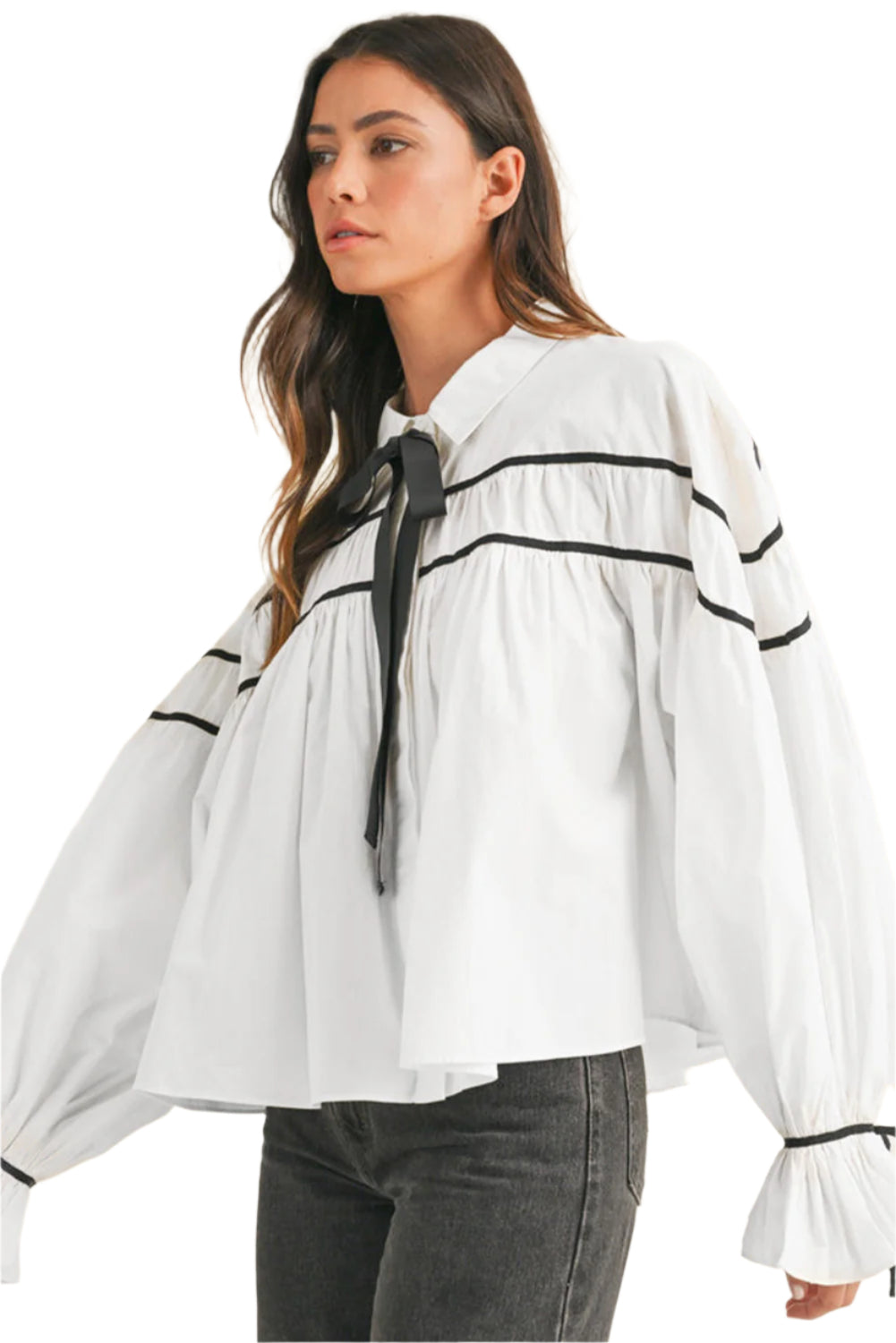 Ribbon Bowtie Collared Neck Flounce Sleeve Shirt