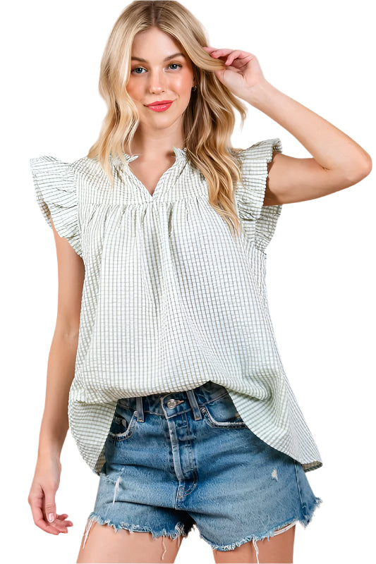 Ces Femme Plaid Notched Ruffled Cap Sleeve Blouse