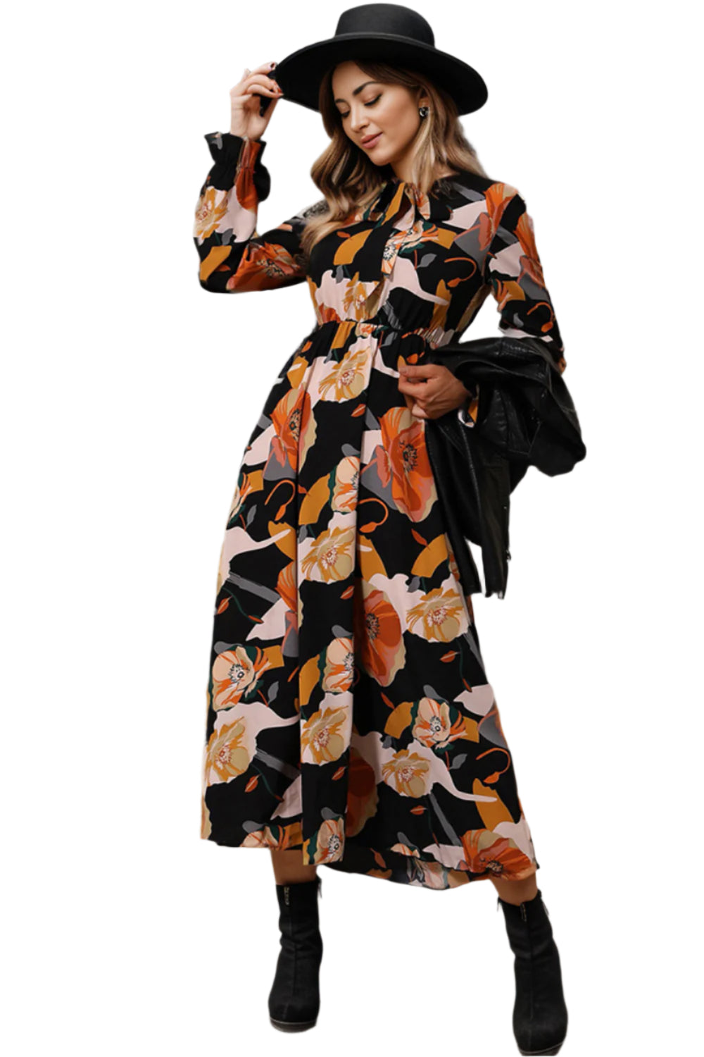 Printed Tie Neck Flounce Sleeve Dress