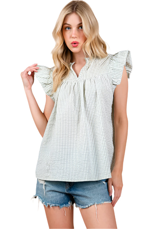 Ces Femme Plaid Notched Ruffled Cap Sleeve Blouse