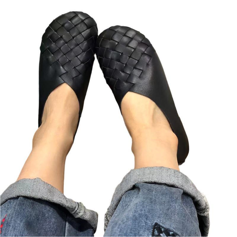 Round Toe Woven Cowhide Leather Flat Shoes