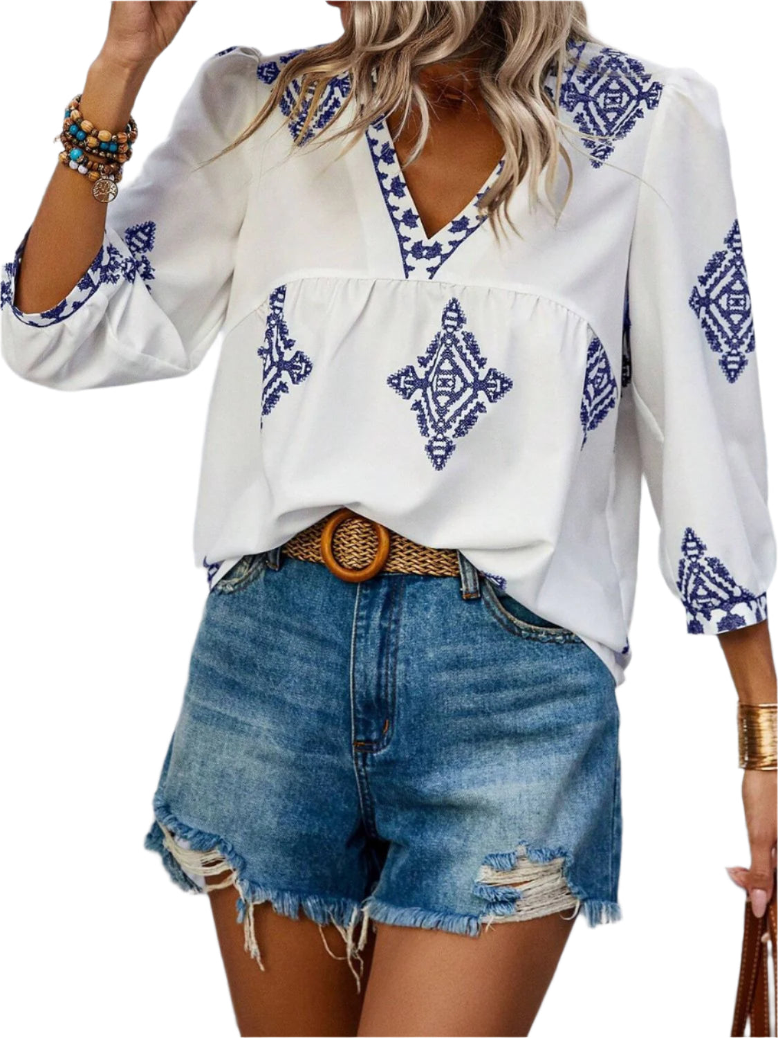 Printed V-Neck Three-Quarter Sleeve Blouse