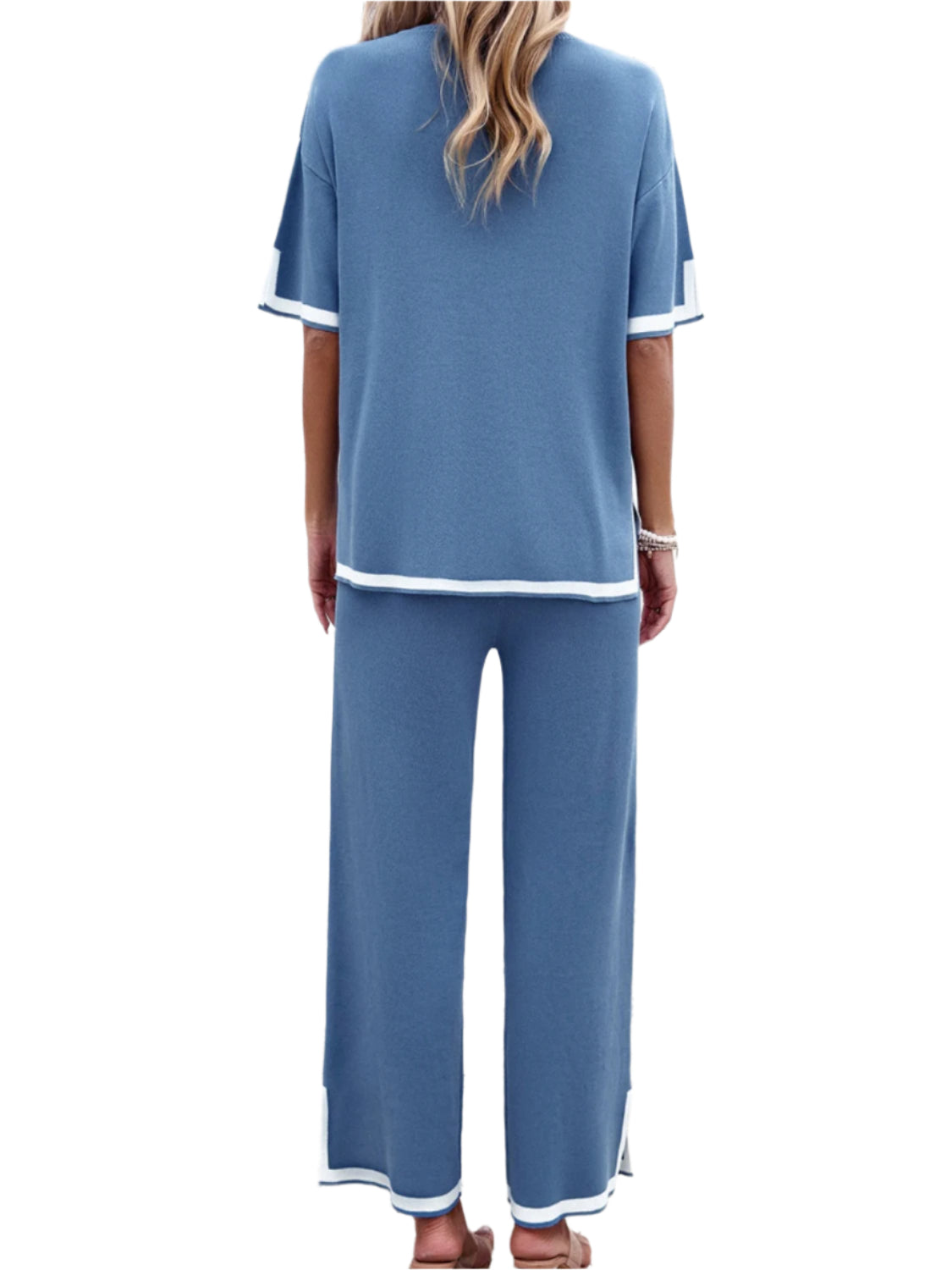 Devine Contrast Trim Round Neck Top and Pants Set