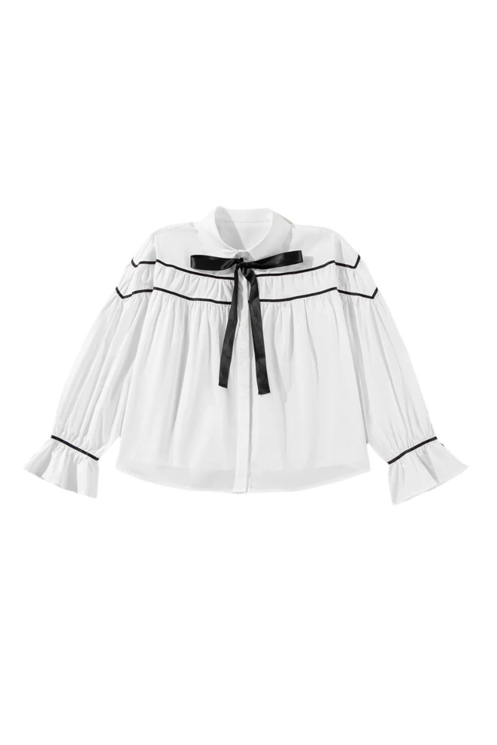 Ribbon Bowtie Collared Neck Flounce Sleeve Shirt