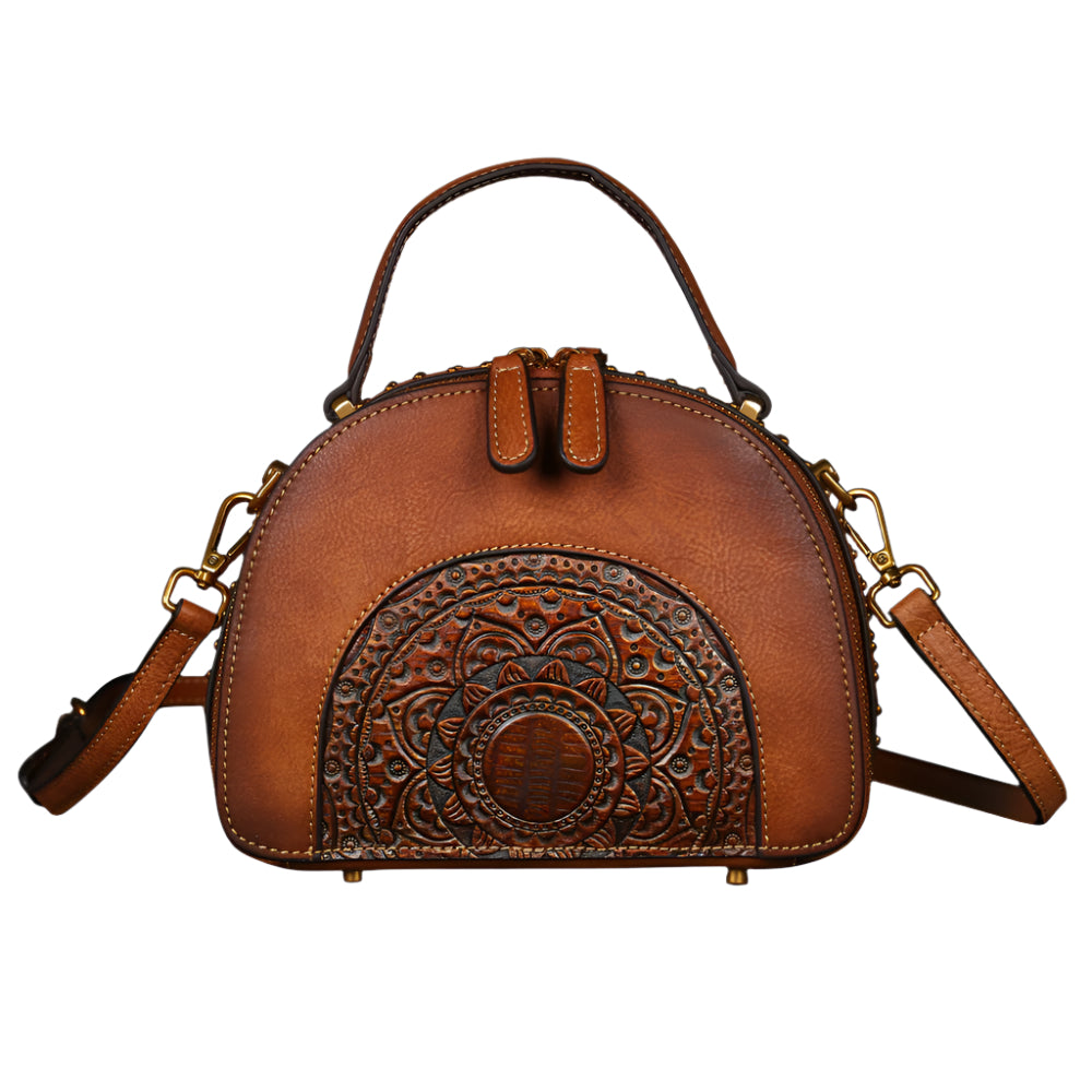 Embossed Sunflower Design Cowhide Leather Handbag
