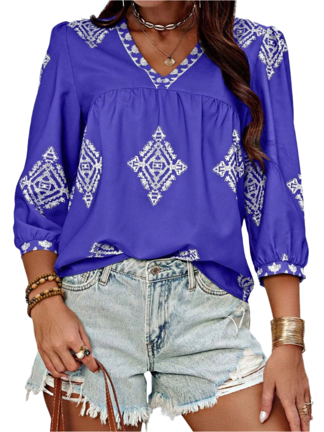 Printed V-Neck Three-Quarter Sleeve Blouse