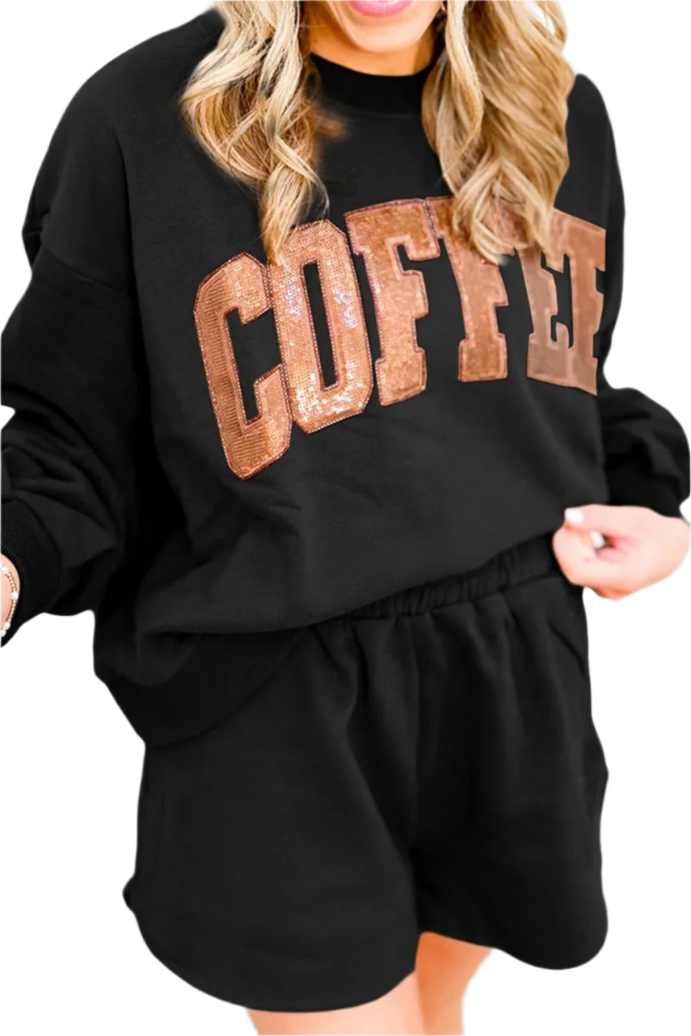 COFFEE Sequin Round Neck Long Sleeve Top and Shorts Set