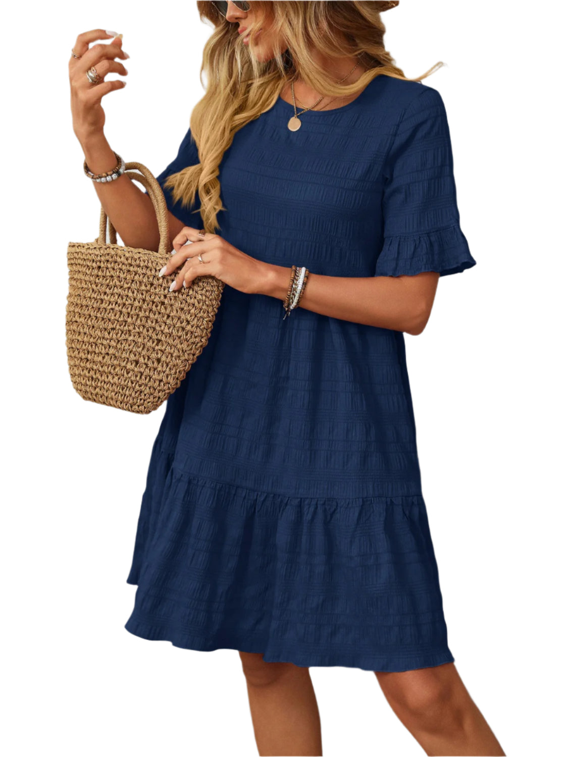 Mandy Ruffled Ruched Round Neck Half Sleeve Dress