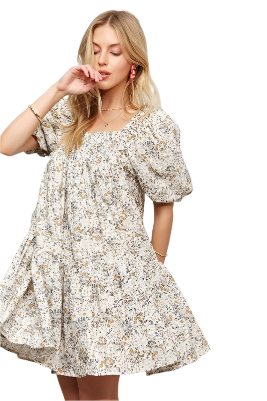 ADORA Floral Square Neck Puff Sleeve Dress