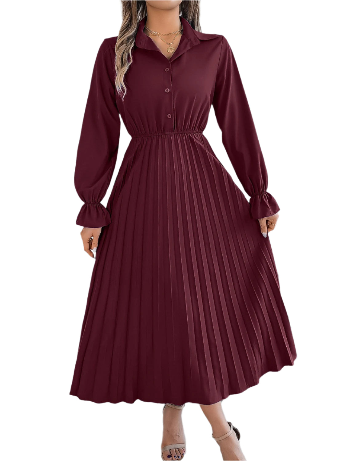 Pleated Half Button Long Sleeve Midi Dress