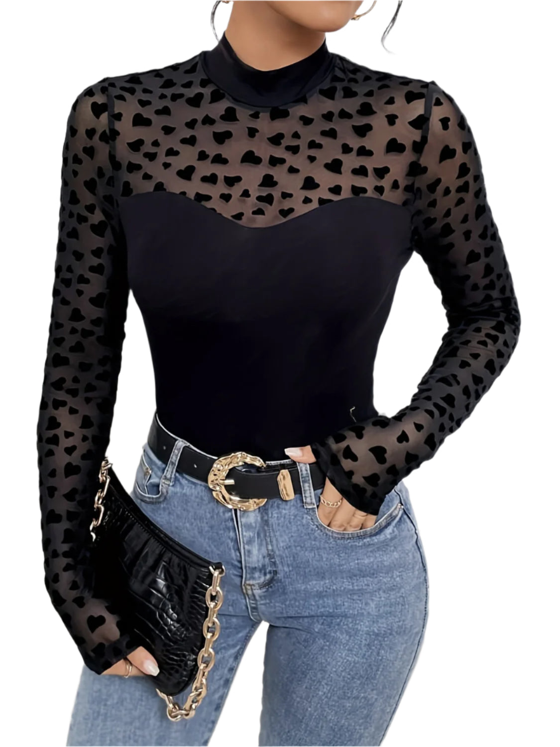 Heart Mock Neck Long Sleeve T-Shirt