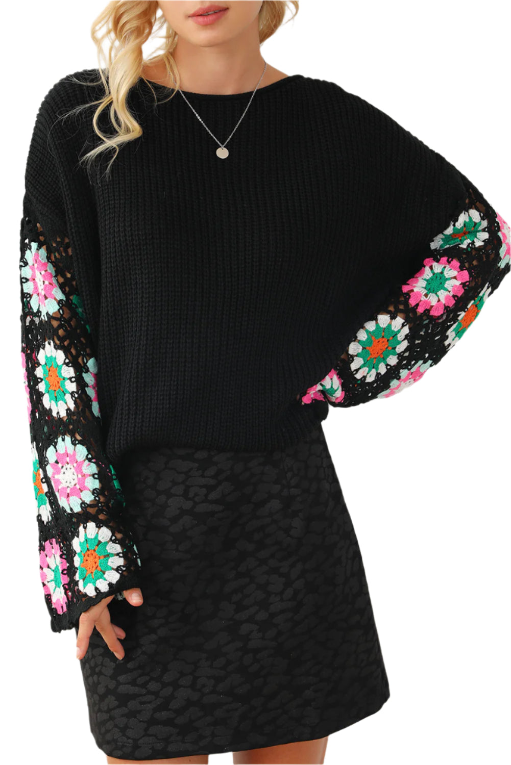 Crochet Round Neck Long Sleeve Knit Top